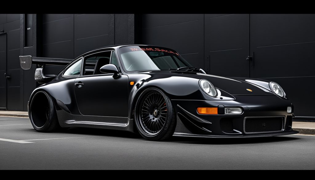 Voiture de sport noire garée devant un bâtiment.