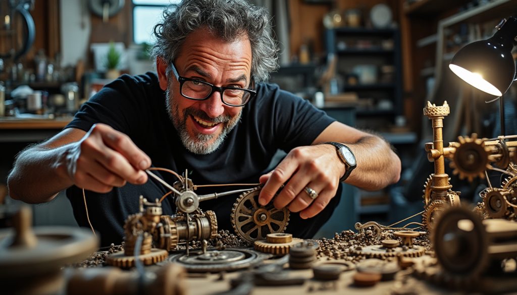 Homme ajustant engrenages dans atelier, sourire aux lèvres.