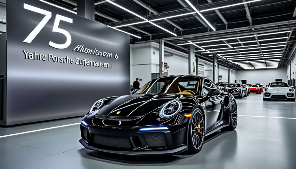 Voitures Porsche dans un showroom moderne.