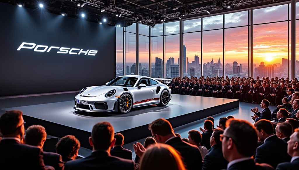 Présentation d'une voiture de sport Porsche.