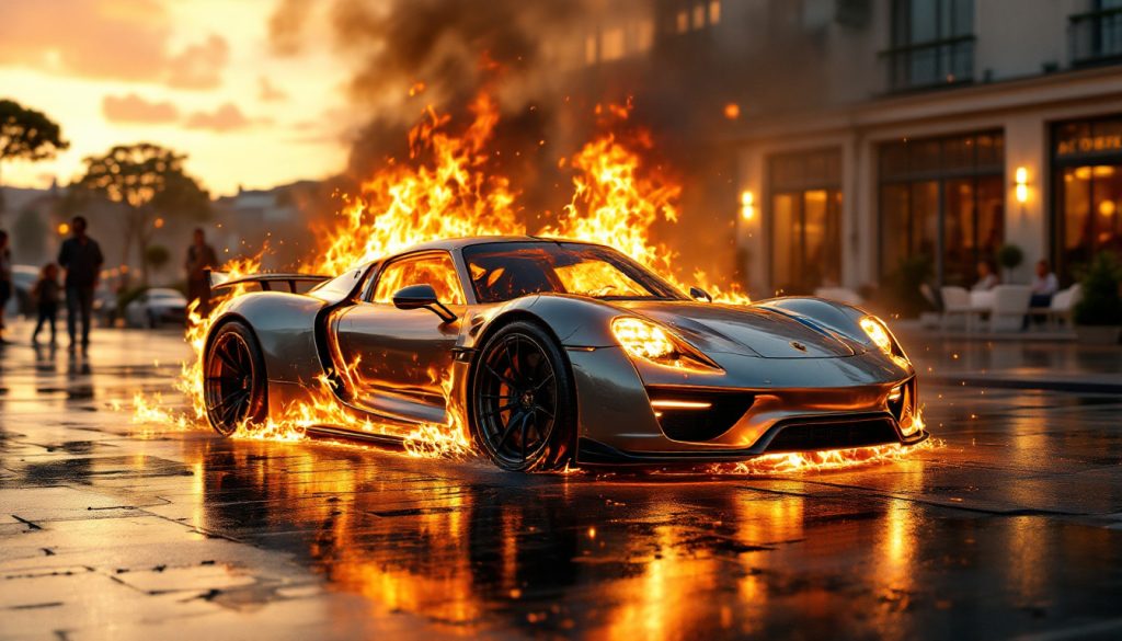 une porsche prend feu de manière spectaculaire alors qu'elle se gare sur le parking d'un hôtel à la rochelle. découvrez les circonstances de cet incident surprenant et les réactions des témoins. une scène choquante qui rappelle les dangers potentiels liés aux automobiles.