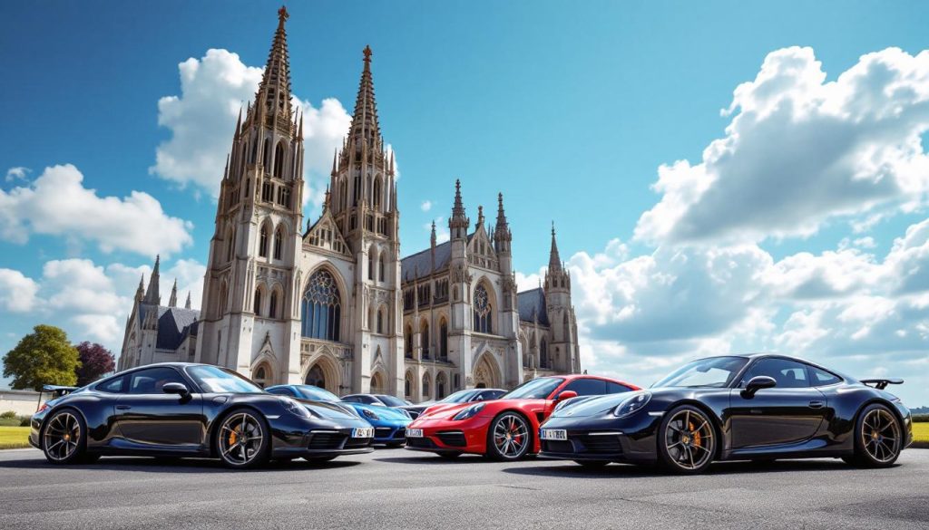 découvrez l'élégance des porsche, majestueusement exposées devant la cathédrale de saint-omer. une rencontre fascinante entre le luxe automobile et l'architecture historique, tout en célébrant la beauté et le raffinement.