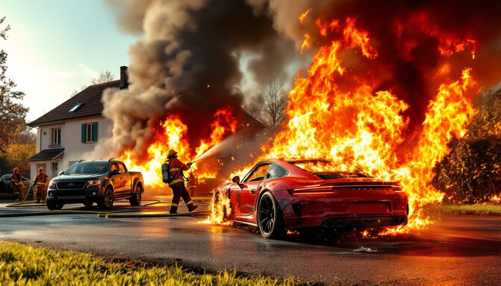 un incendie s’est déclaré dans un quartier résidentiel près de caen, détruisant une porsche et une camionnette. les pompiers sont rapidement intervenus pour maîtriser le feu. enquête en cours pour déterminer l’origine du sinistre.