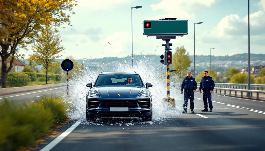 un conducteur en porsche cayenne dépasse largement la vitesse autorisée aux portes de lyon, pulvérisant un radar installé par les gendarmes sur une route étroitement surveillée.