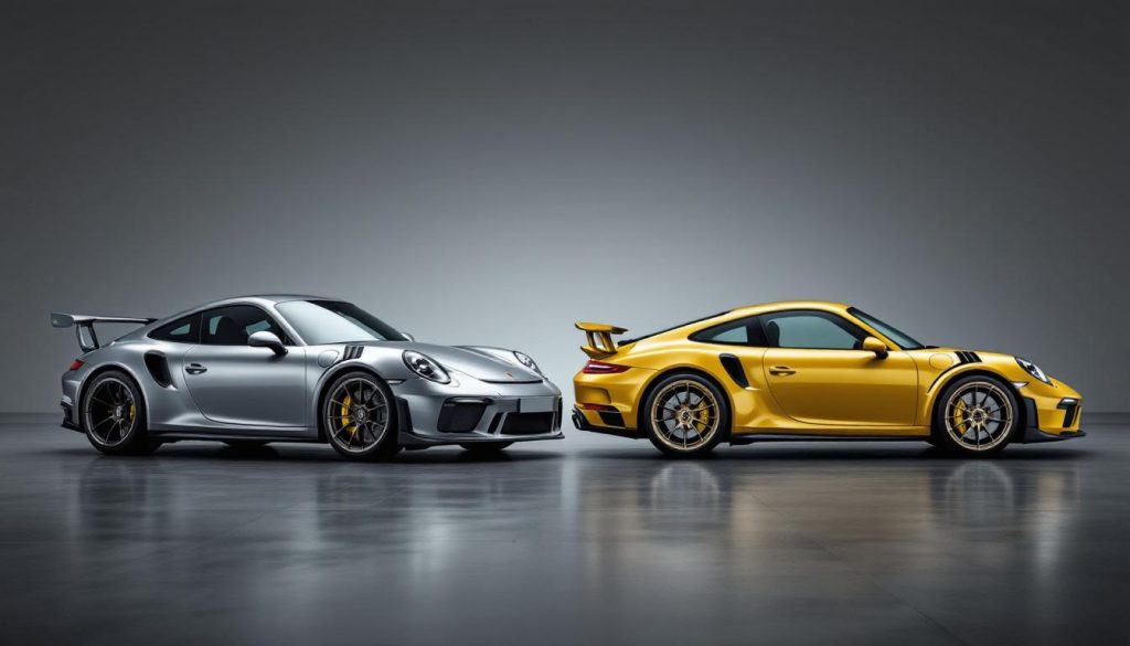découvrez l'harmonie entre passé et présent avec deux porsche emblématiques partageant une même teinte, symboles de design et d'innovation à travers les époques.