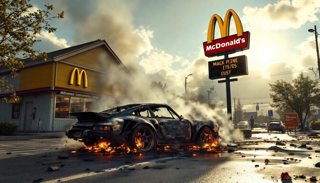 une porsche appartenant à un père de famille a été détruite par un incendie suspect sur le parking d’un mcdonald's, alors qu'il déjeunait avec ses enfants. enquête en cours sur les circonstances de cet acte.