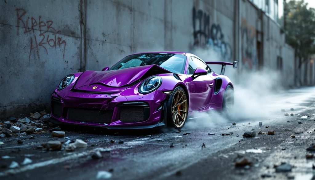découvrez les détails d'un accident spectaculaire où une porsche a violemment percuté un obstacle avant de terminer sa course contre un mur.
