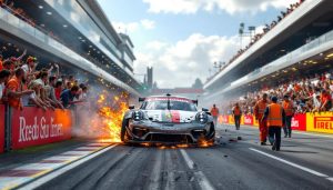 revivez en vidéo l'accident spectaculaire d'une porsche en formule 1, terminant sa course coincée entre deux tribunes, un événement impressionnant et inédit.