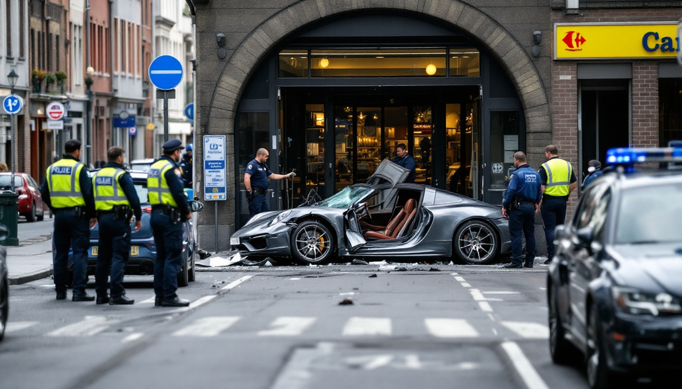 une porsche s’encastre à l’entrée d’un carrefour market. le conducteur prend la fuite après l’accident, laissant sa passagère blessée.